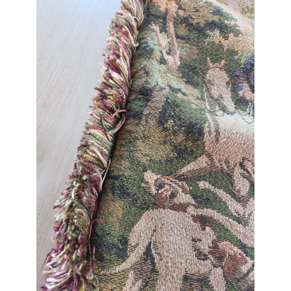 Vtg French Jacquard Tapestry pillow cover Equestrian Brush Fringe 18x17 *flaw